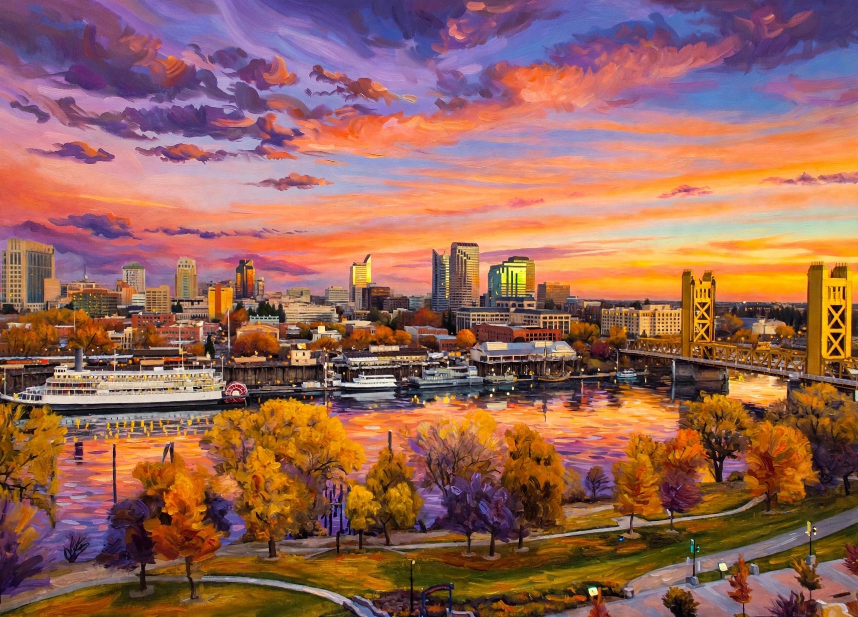 Riverfront Sunset - original Sacramento Riverfront painting by Elana Barry, Sacramento