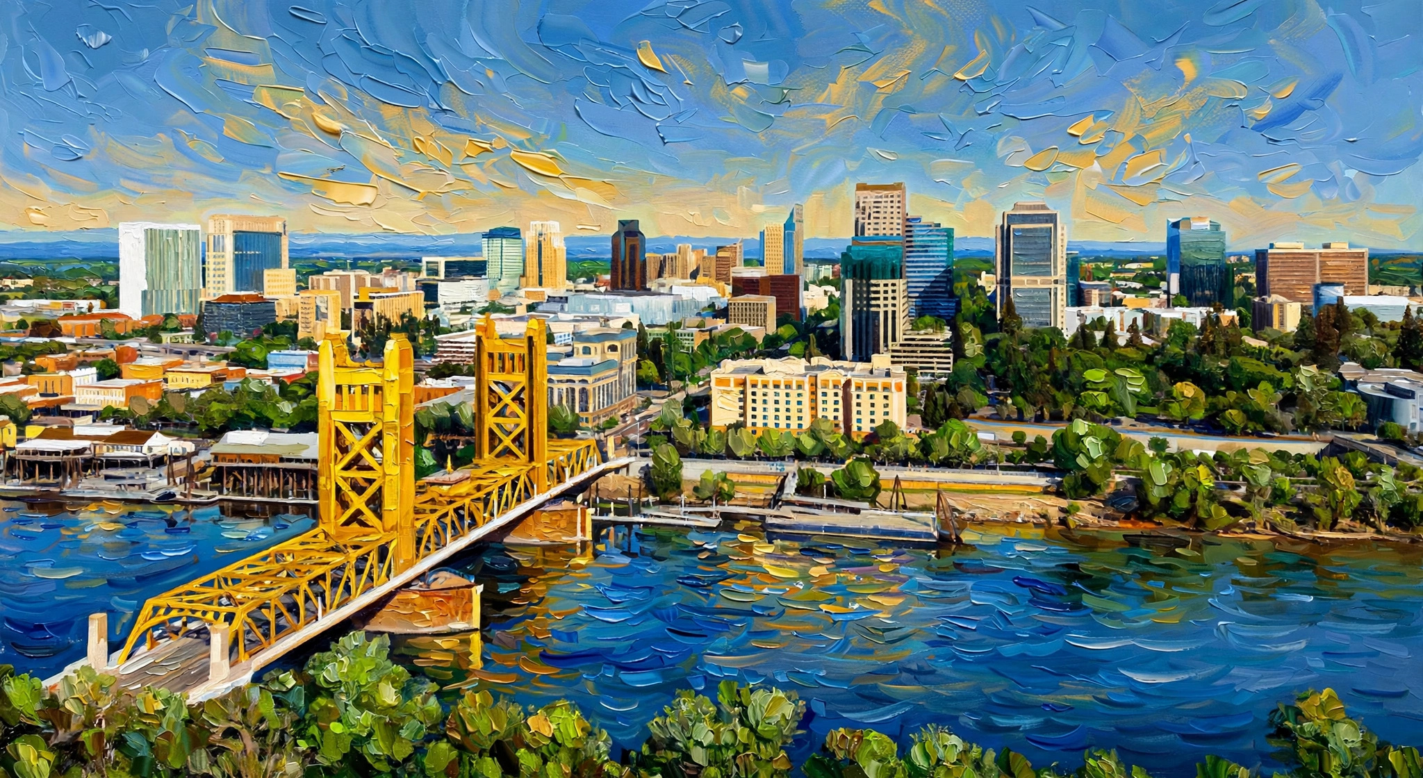 Tower Bridge and the Skyline - original painting of Tower Bridge, Sacramento, California by Elana Barry