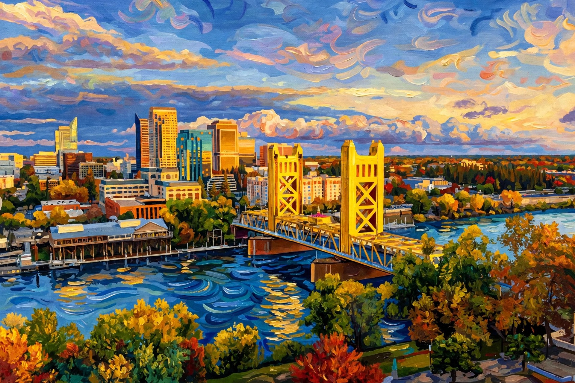 Tower Bridge at Golden Hour - original Tower Bridge painting by Elana Barry, Sacramento