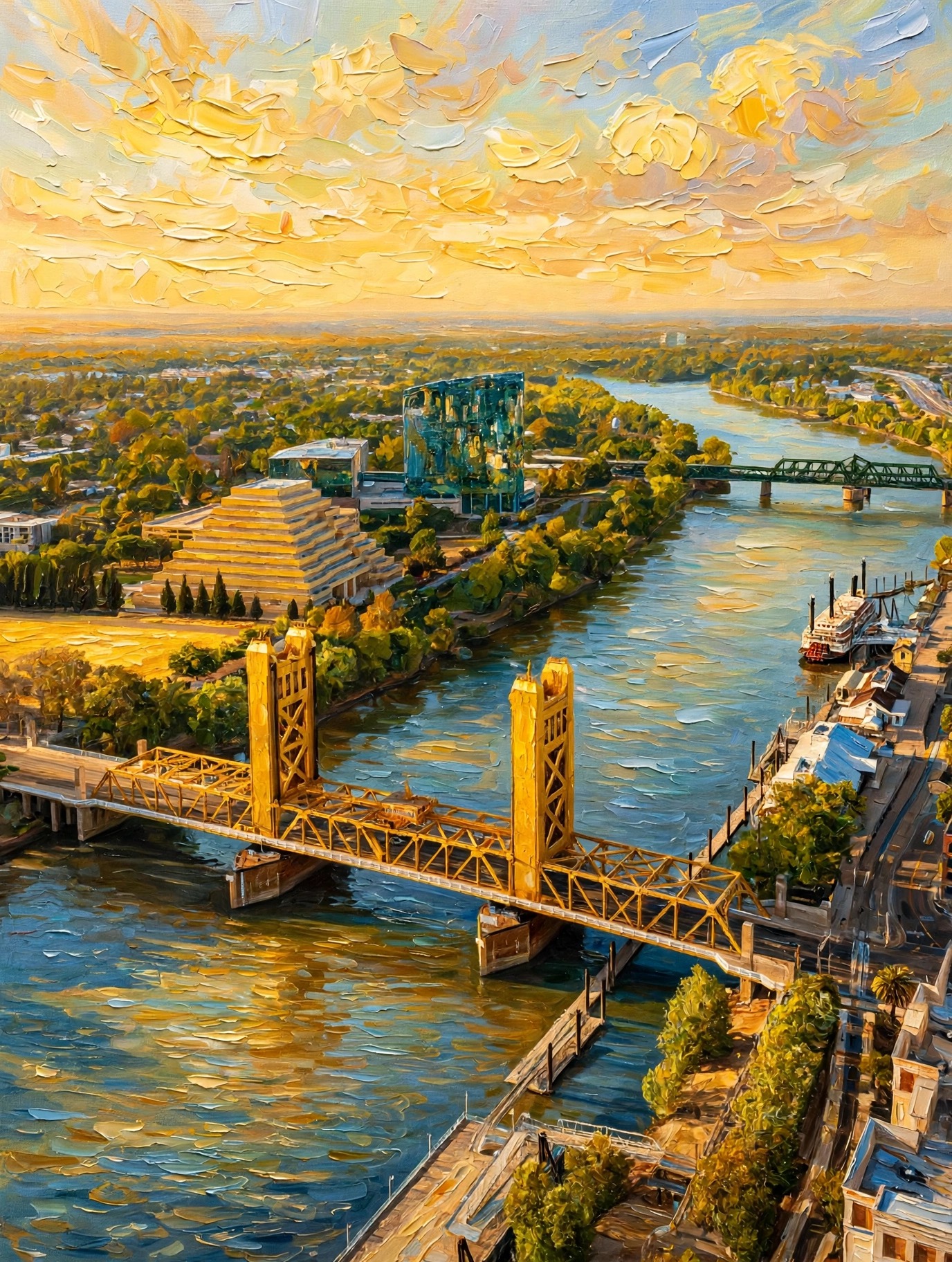 Tower Bridge and the Ziggurat - original painting of Sacramento Riverfront, Sacramento, California by Elana Barry